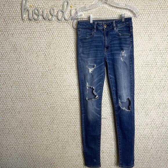 American Eagle Outfitters Ripped Super Stretch Hi-Rise Jegging Blue Denim Size 4 - Picture 1 of 13